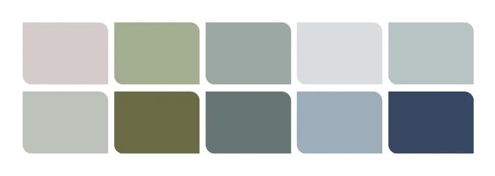 A picture of a calm colour palette, including 10 shades varying from light pink to grey and dark blue